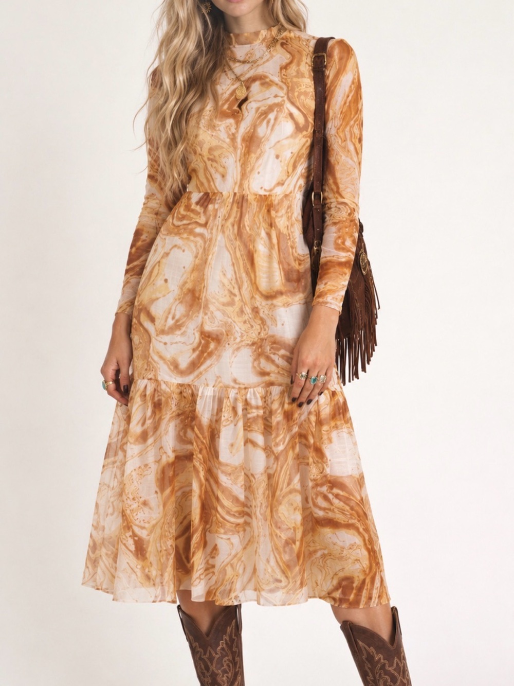 Dressed in Lala Mesh Tiered Marbled Boho Dress